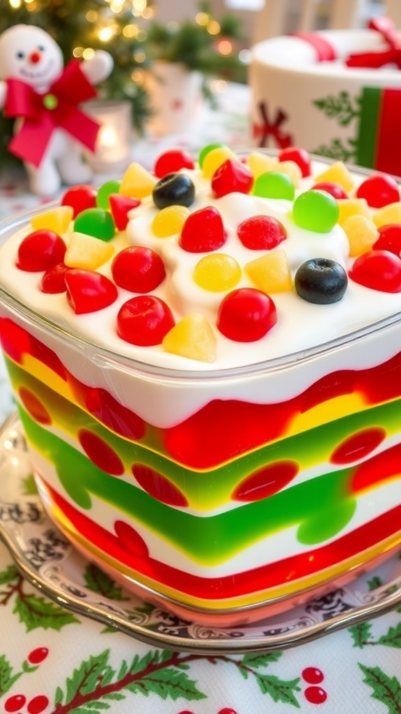 A colorful Christmas Jello salad with layers of red and green jello, topped with whipped cream and fruit, on a festive table.